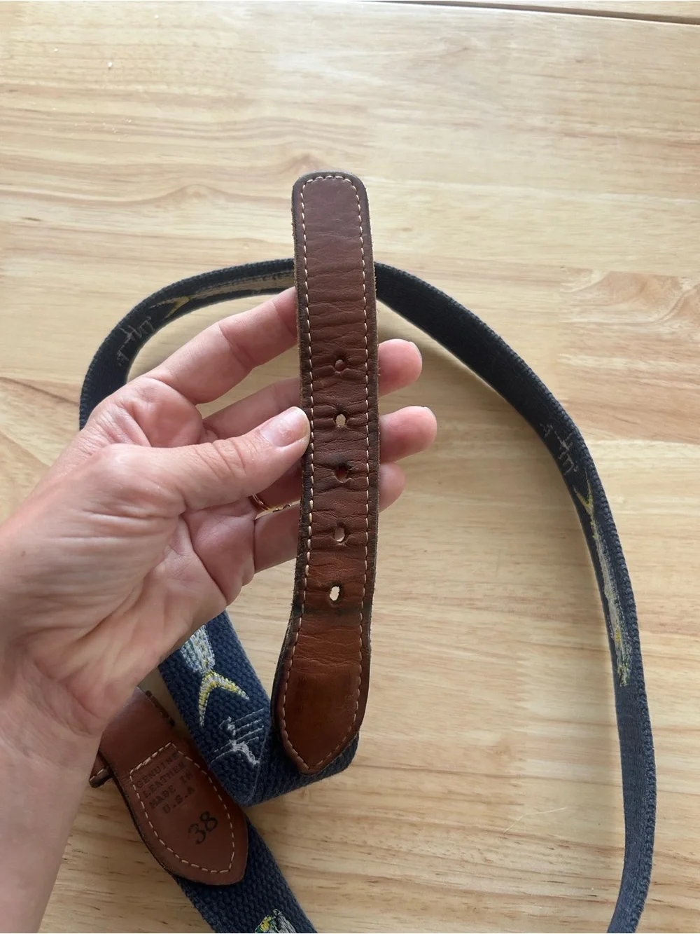 Guy Harvey Navy Web Belt with Mahi, Dolphin Fish Embroidery and Brown Leather